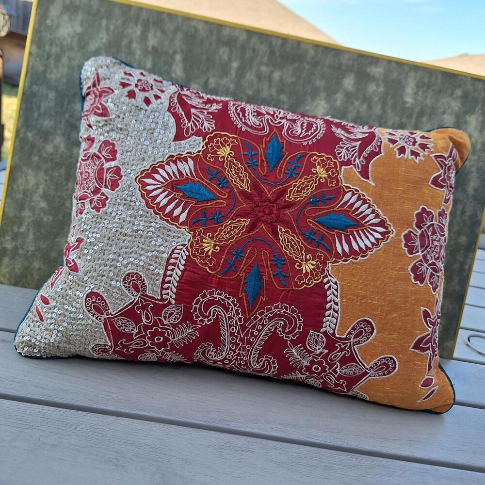 Pier 1 Embroidered Throw Pillow 16"x12" Boho Accent Cushion w/ Sequins